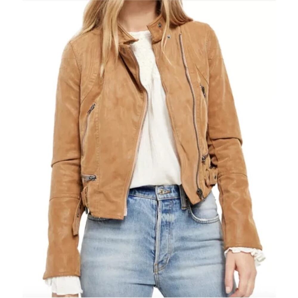 Free People Fenix Vegan Faux Leather Zip Up Moto Jacket in Camel Womens Large